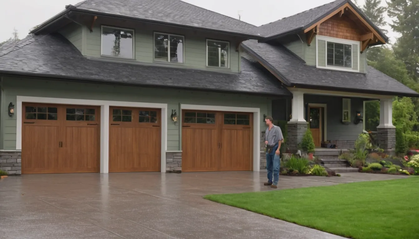 Friendly provider and homeowner admiring a newly installed garage door at a house in Bremerton